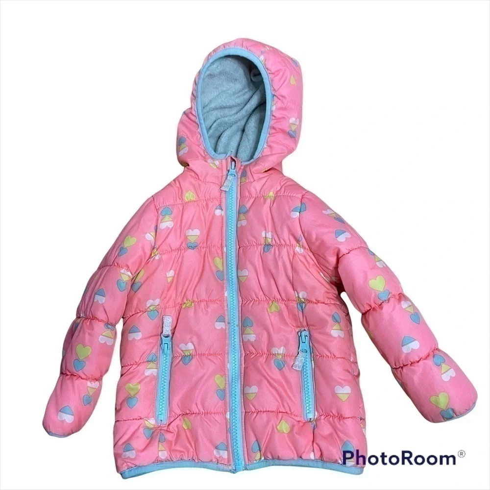 Carter’s Pink Puffer Coat Jacket Heart Print Hooded Full Zip 24 months Girls